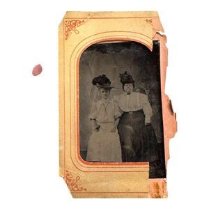 Antique 19th Century Tintype Photograph Frame Fancy Hats Victorian Women Girls